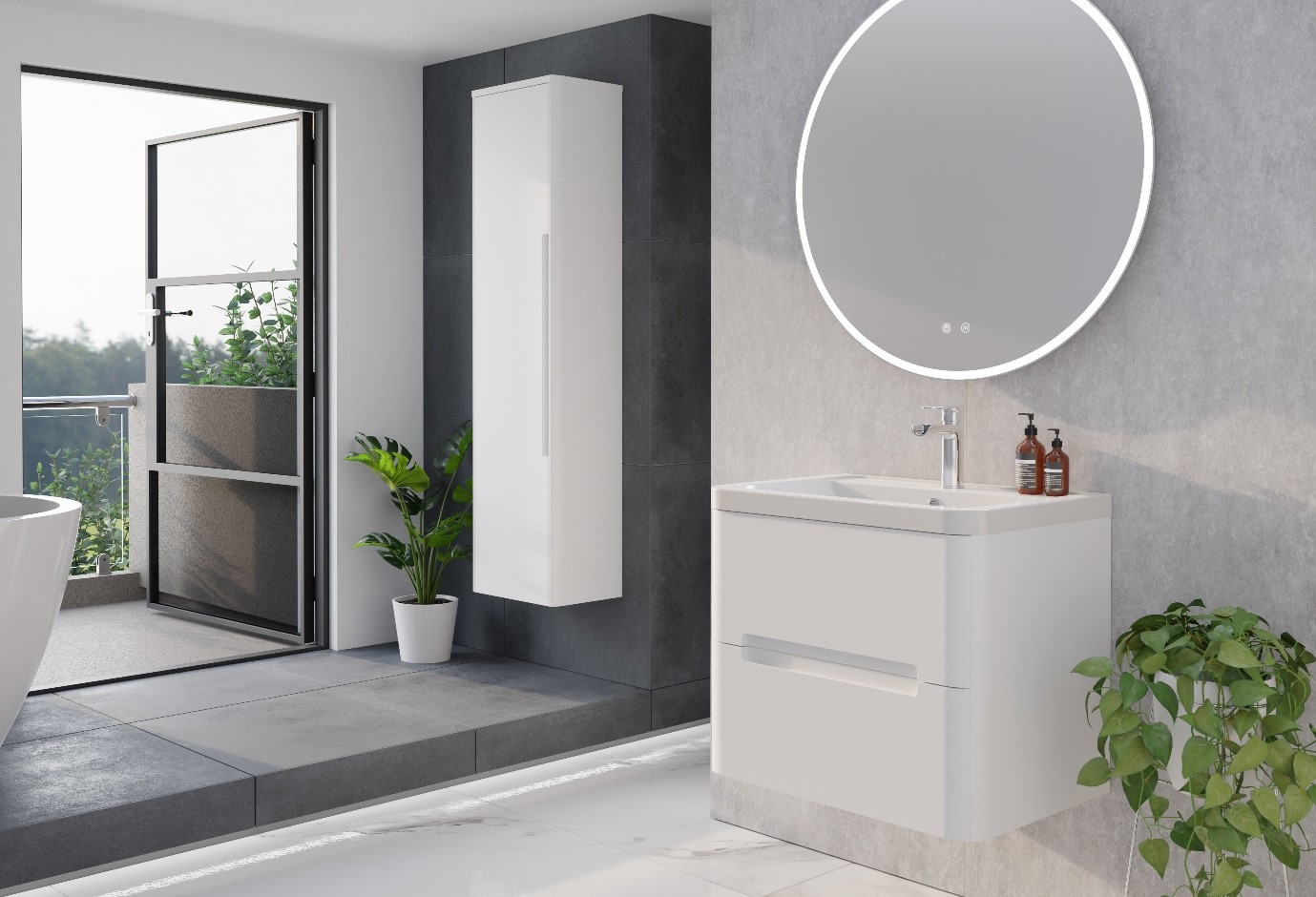 A Modern Minimalist Bathroom Decorated With Marble-Effect Wall Panels, White Wall-Hung Vanity Unit and an LED Mirror
