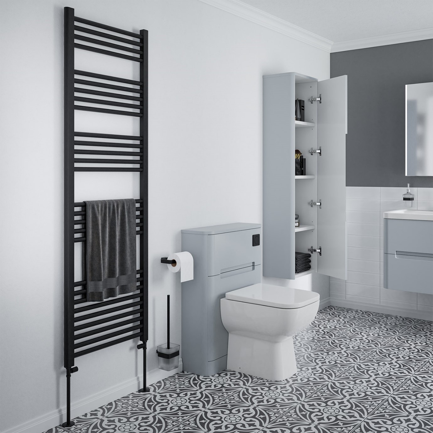 A Small Modern Grey Bathroom with Pattered Ceramic Tiles, Matt Black Heated Towel Rail, and a Stylish Toilet Unit