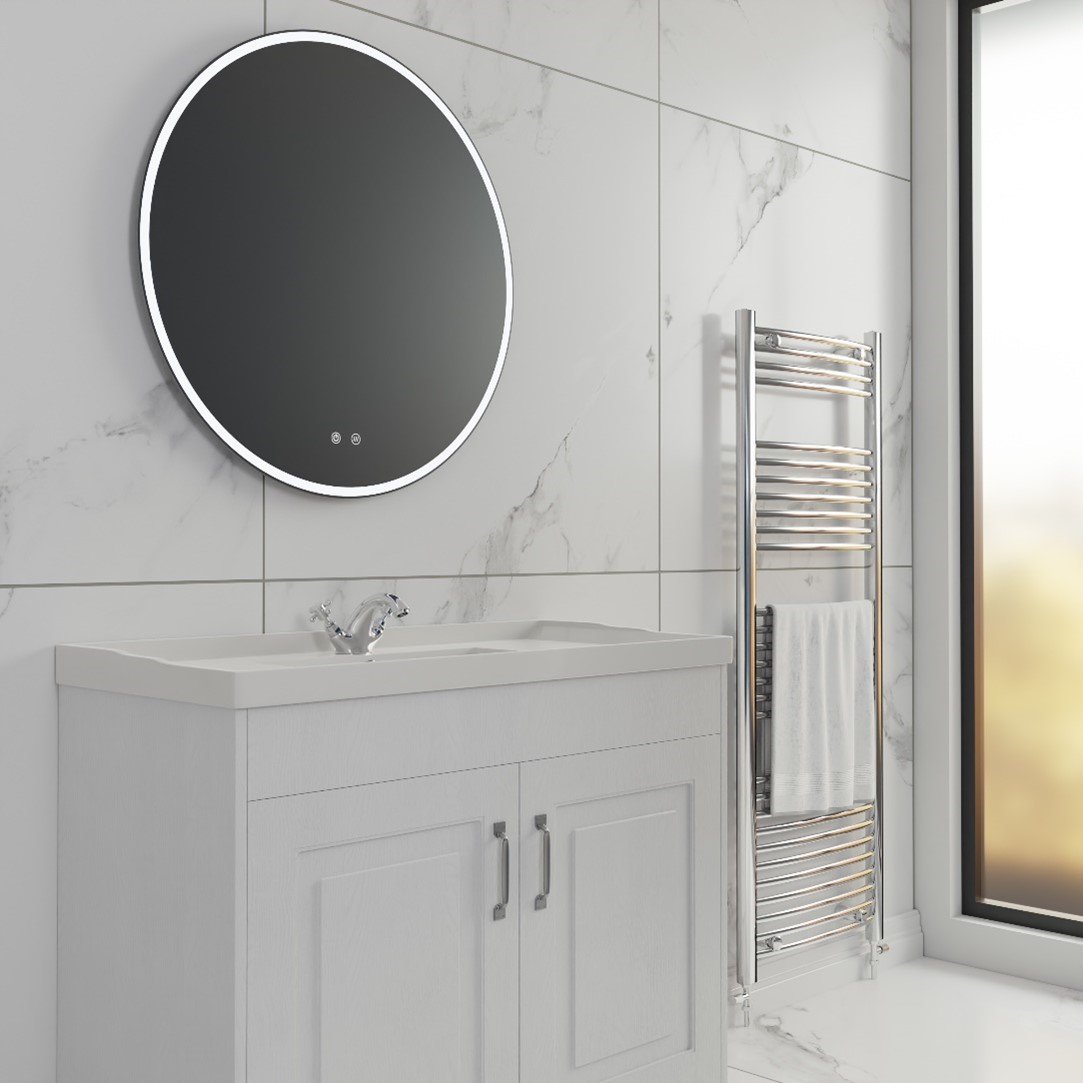 Chrome Heated Towel Rail in a Modern Bathroom with Marble-Effect Ceiling & Wall Panels