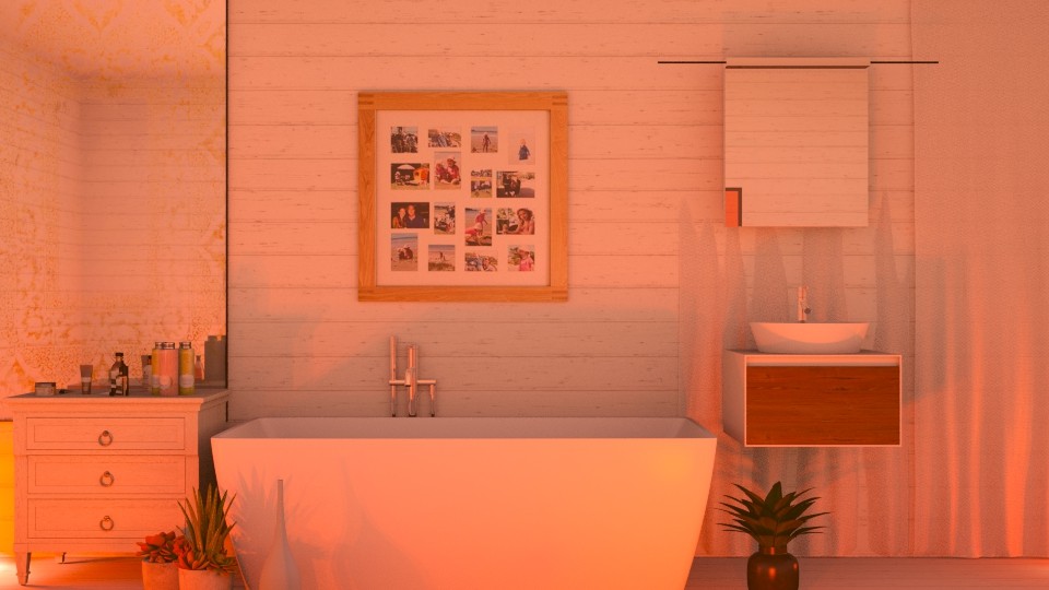 Generated bathroom with freestanding bath, wall hung basin vanity unit and ambient lighting