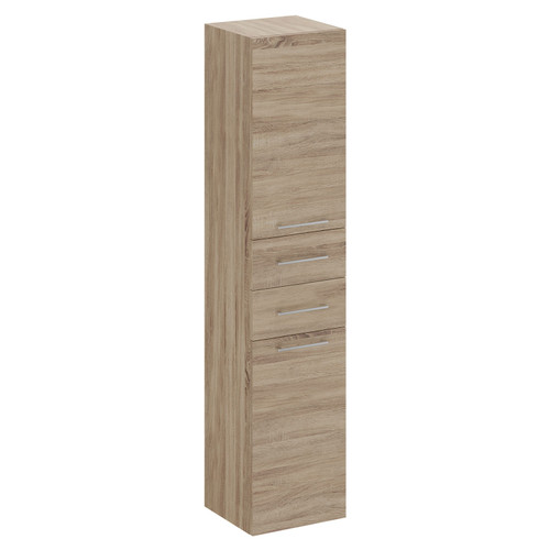 Napoli Bordalino Oak 350mm x 1600mm Wall Mounted Tall Storage Unit with 2 Doors 2 Drawers and Polished Chrome Handles Left Hand Side View