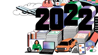 worker and car among huge stacks of money under year 2022