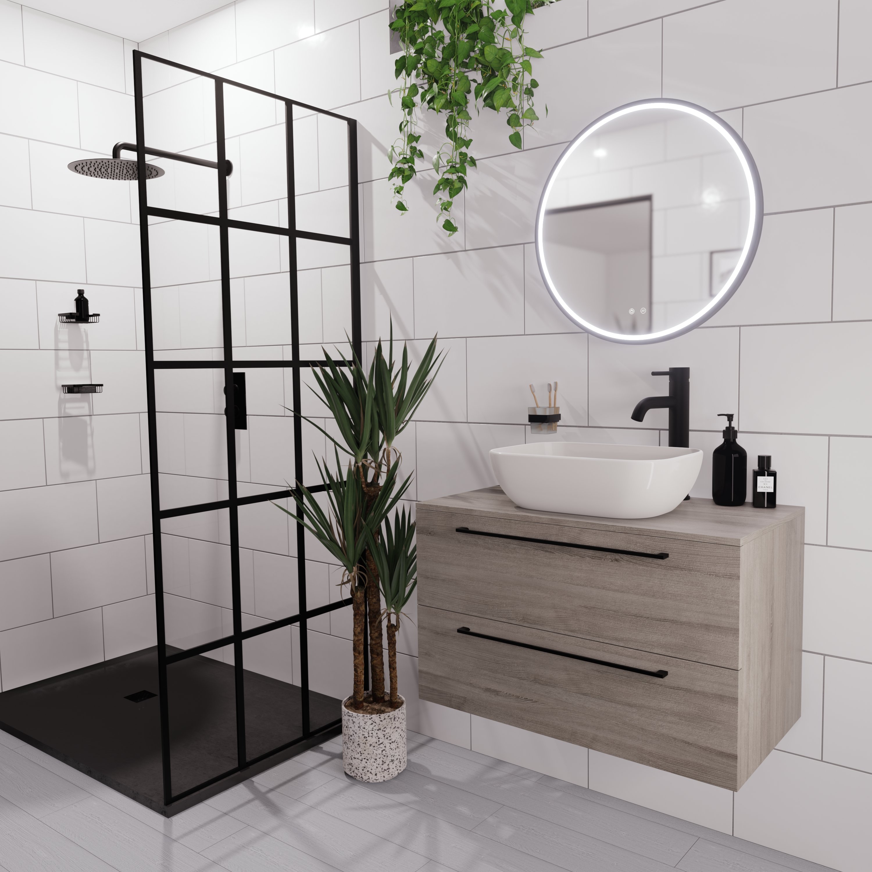 Modern shower enclosure bathroom suite with wall hung vanity unit and walk in shower enclosure.