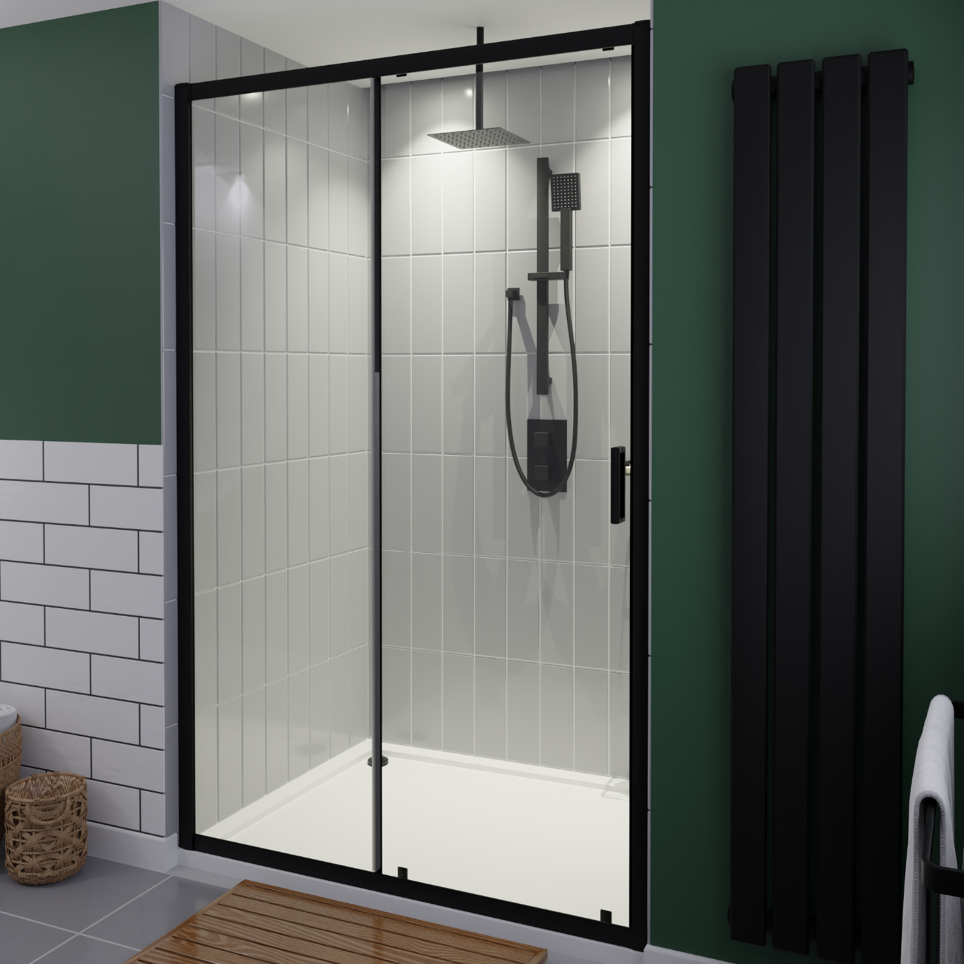 Black Vertical Bathroom Radiator Next to a Black Walk-In Shower Enclosure