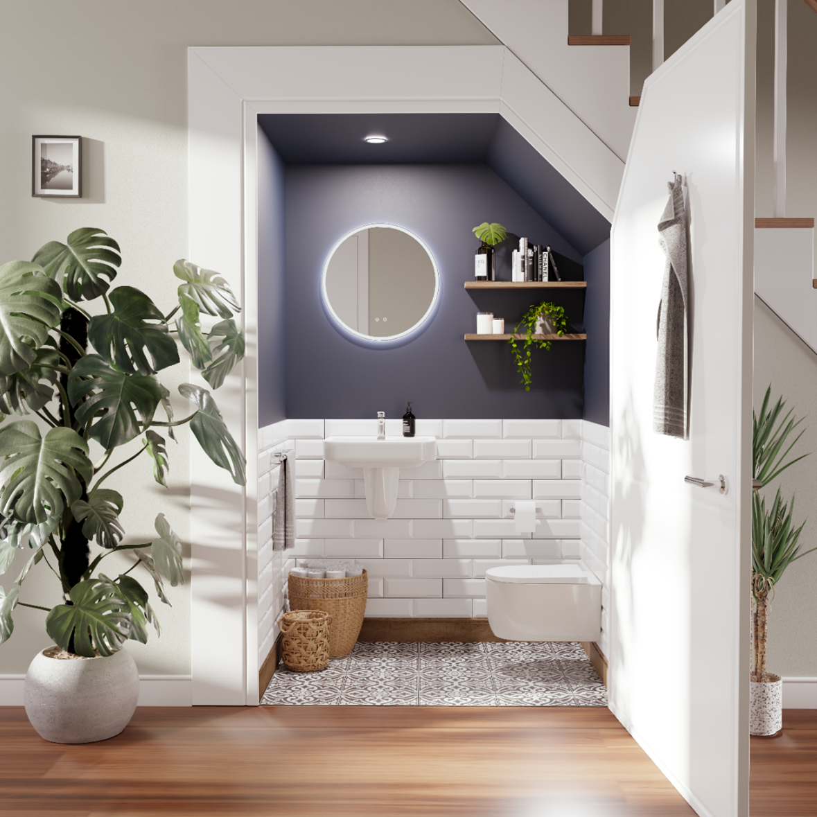 Cloakroom Bathroom Under Stairs with a Wall-Hung Toilet, Semi-Pedestal Basin, and a Round LED Mirror