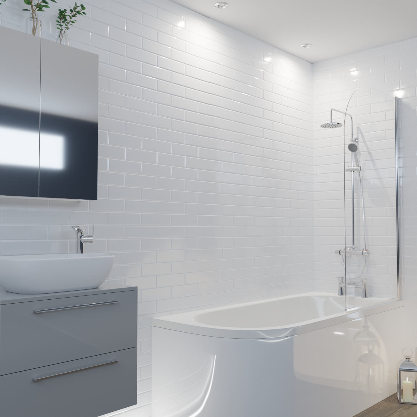 Modern Bathroom with White Brick-Effect Tiles, a Shower Bath, a Wall Hung Basin Vanity Unit and Mirrored Cabinets